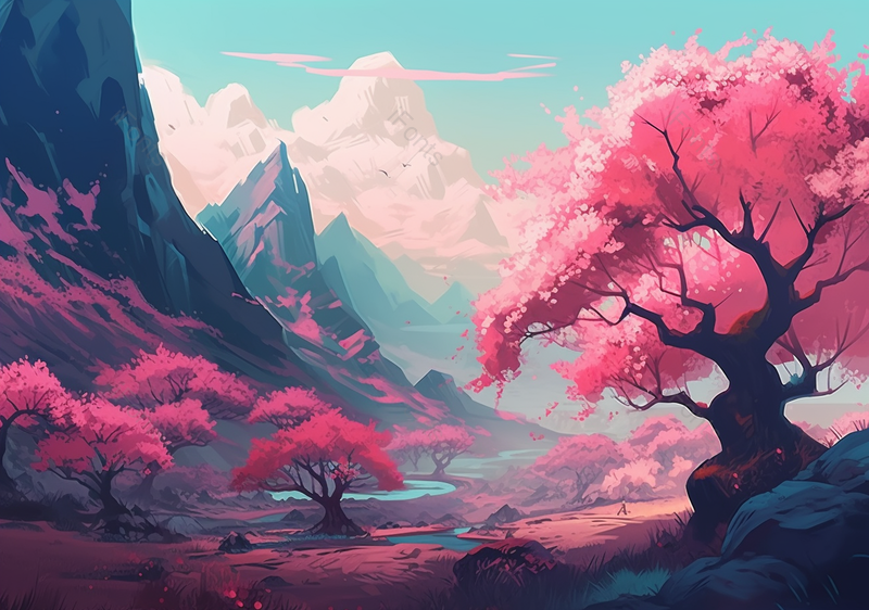山水风景浪漫樱花插画背景图,插画/手绘图,插画/手绘图库,插画/手绘图下载,插画/手绘